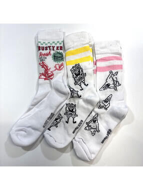 3 Pair Pack Bundle Spongebob Patrick Krusty Krab Crew Socks White Men Large 9-12